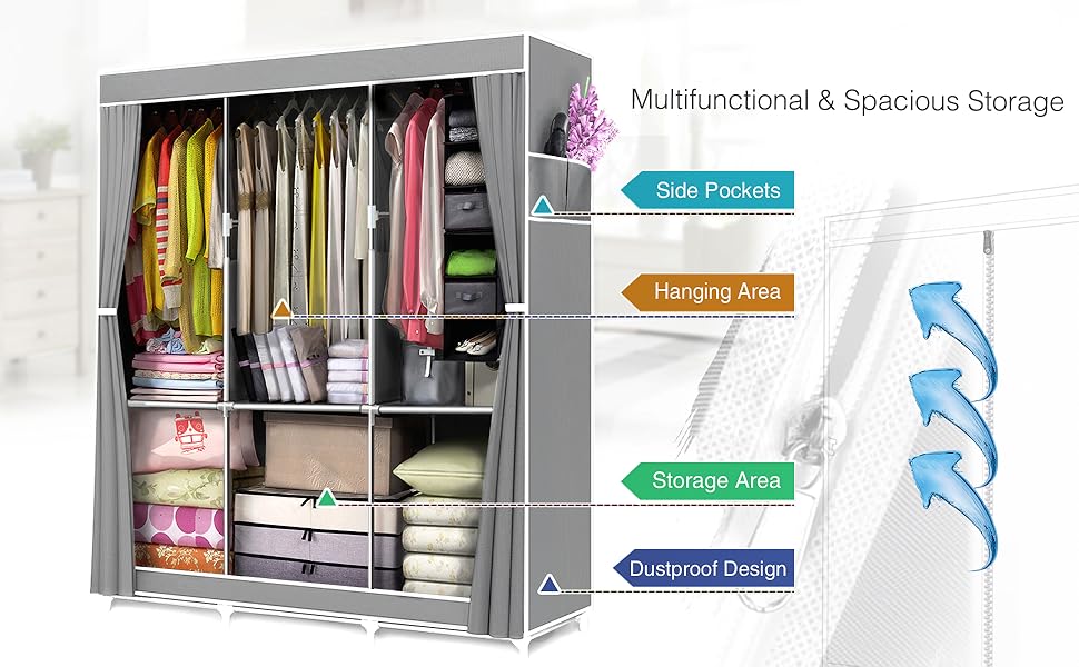 Wardrobe Closet Clothes Organizer with Oxford Cloth Fabric Storage Shelves+Hanging Sections+Side Pockets & Easy to Assemble