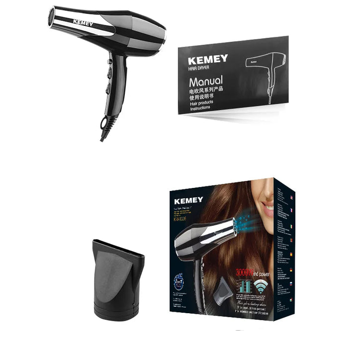 Kemei 3000 Watt Full Size Pro Hair Dryer Professional Salon Blow Dryer with Concentrator Nozzle Attachments 3 Speeds fast Dry