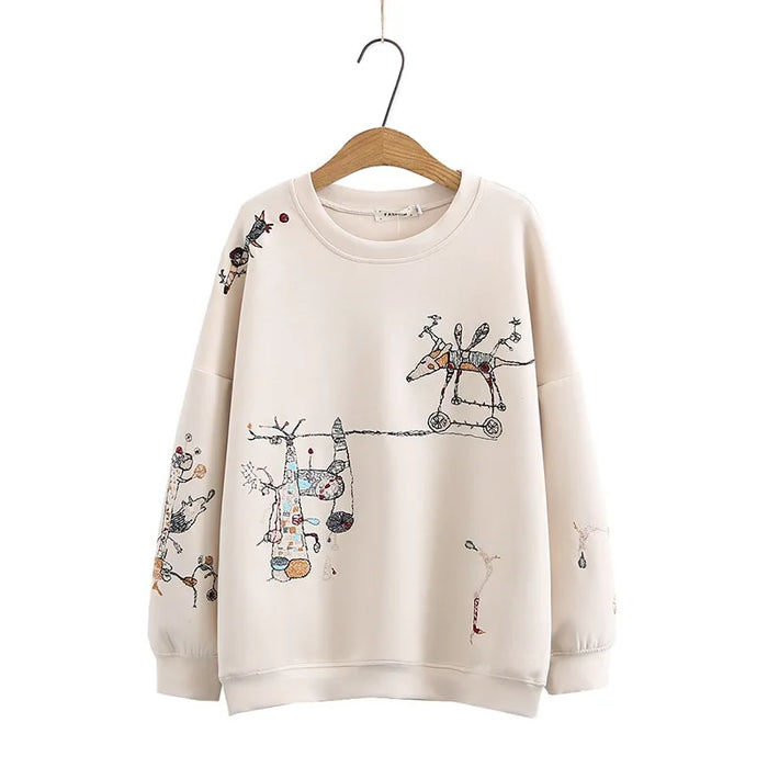 Harajuku Sweatshirt Women 2023 Autumn Winter New Fashion Casual Stitch-embroidered Long-sleeved O- Neck Breathable Hoodie Top