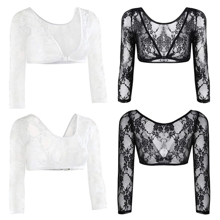 New Women Lace Vest Sheer Mesh Seamless Arm Shaper Slimming Short Cropped Top V-Neck Hollow CardiganAcces Plus Size S-3XL