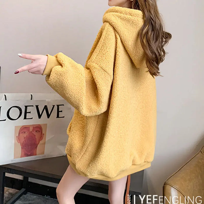 Winter Thick Lamb Wool Casual Women Hoodie Yellow Loose Lady Sweatshirt Embroidery Cartoon Cute Little Sheep Pullover Female