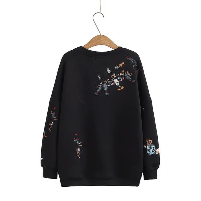 Harajuku Sweatshirt Women 2023 Autumn Winter New Fashion Casual Stitch-embroidered Long-sleeved O- Neck Breathable Hoodie Top