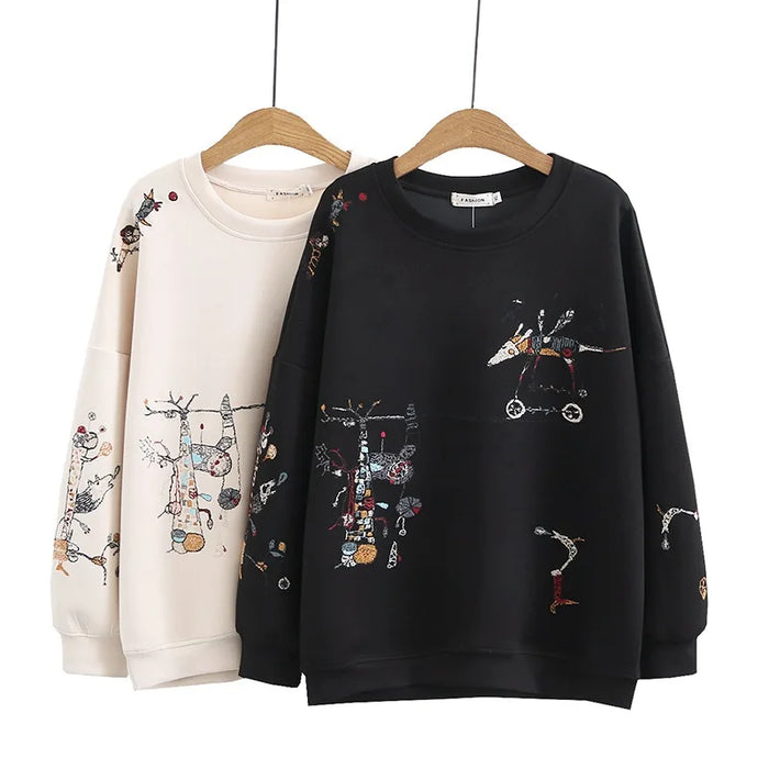 Harajuku Sweatshirt Women 2023 Autumn Winter New Fashion Casual Stitch-embroidered Long-sleeved O- Neck Breathable Hoodie Top