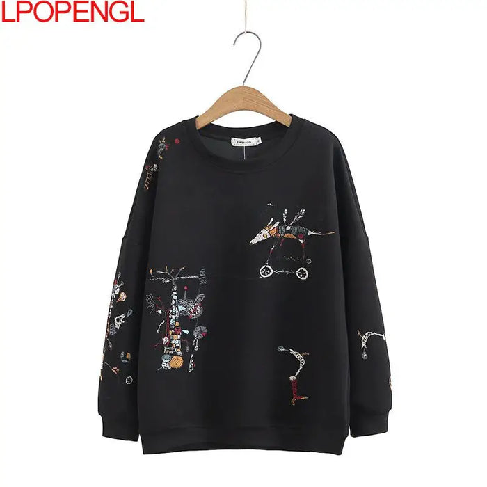 Harajuku Sweatshirt Women 2023 Autumn Winter New Fashion Casual Stitch-embroidered Long-sleeved O- Neck Breathable Hoodie Top