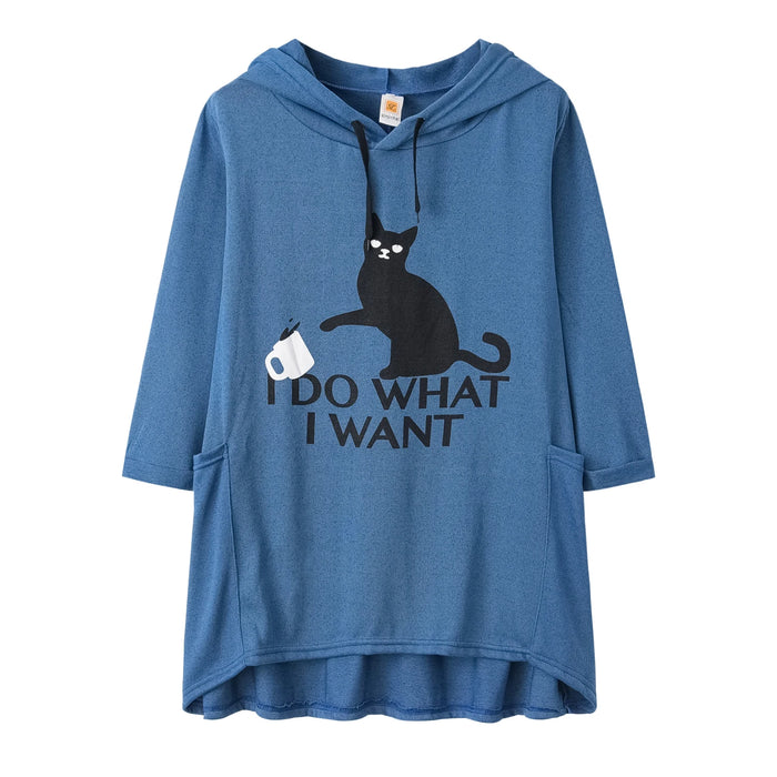 Fashion Trend Loose Large Size Knitted Long Sleeve Hoodie Irregular Cat Print Ladies