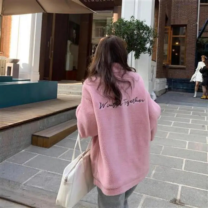 Winter Letter Pink Zippercoat Lamb Wool Keep Warm Mid-length Women Sweatshirt Embroidery Cute Biscuit Bear Fashion Lady Pullover