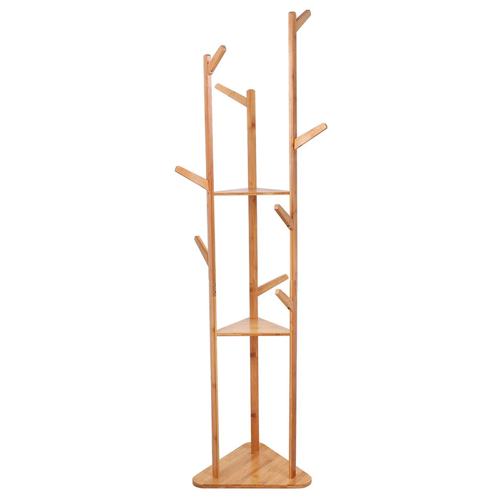 Bamboo Coat Rack Tree Cloth Hanger 9 Hooks 3-Layer Shelf Stand Hallway Living Room for Hat,Clothes,Scarves,Handbags,Umbrella