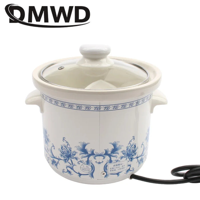 DMWD 1.5L Household Electric Mini Slow Cooker Mechanical/Smart Timer Stewing Soup Porridge Pot Ceramic Linner Food Cooking Maker