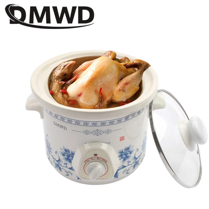 DMWD 1.5L Household Electric Mini Slow Cooker Mechanical/Smart Timer Stewing Soup Porridge Pot Ceramic Linner Food Cooking Maker