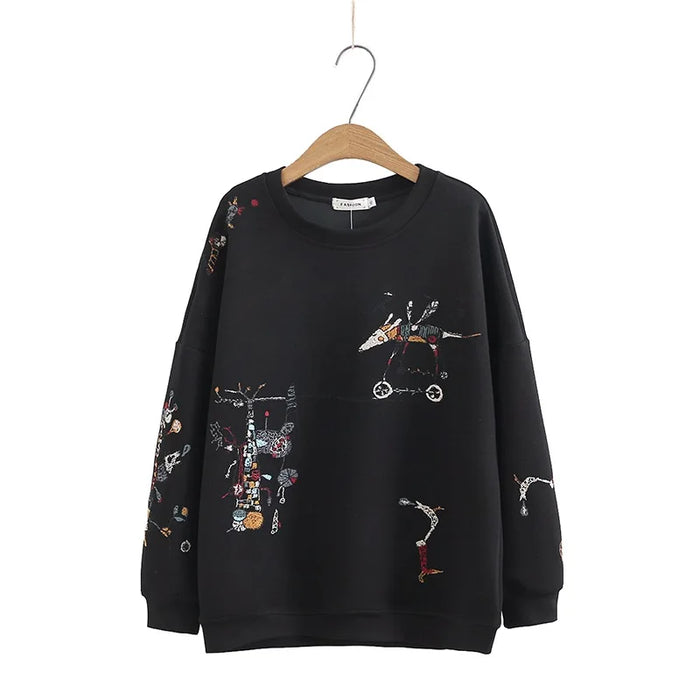 Harajuku Sweatshirt Women 2023 Autumn Winter New Fashion Casual Stitch-embroidered Long-sleeved O- Neck Breathable Hoodie Top