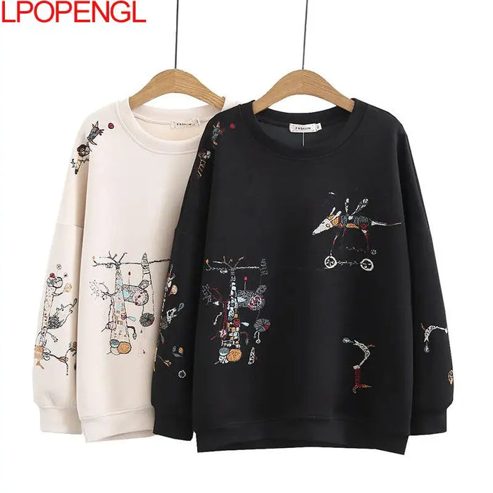 Harajuku Sweatshirt Women 2023 Autumn Winter New Fashion Casual Stitch-embroidered Long-sleeved O- Neck Breathable Hoodie Top