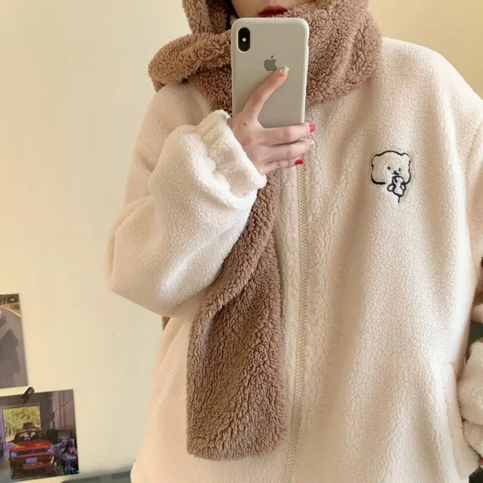 Winter Letter Pink Zippercoat Lamb Wool Keep Warm Mid-length Women Sweatshirt Embroidery Cute Biscuit Bear Fashion Lady Pullover