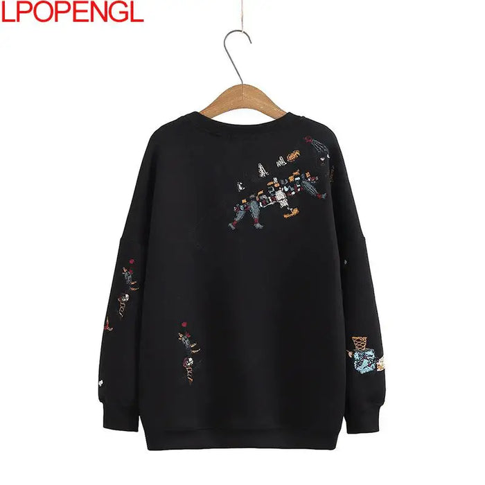 Harajuku Sweatshirt Women 2023 Autumn Winter New Fashion Casual Stitch-embroidered Long-sleeved O- Neck Breathable Hoodie Top