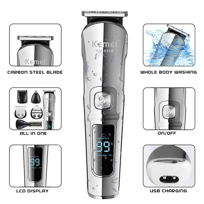 Kemei Professional Multifunction Beard Hair Trimmer Waterproof 6 In 1 Hair Clipper Electric Razor for Men Grooming  Kit KM-8508