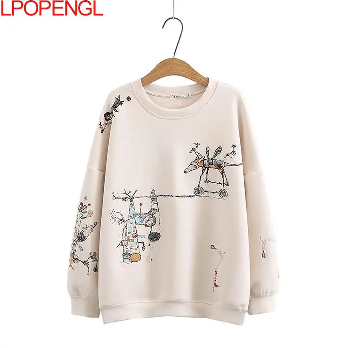 Harajuku Sweatshirt Women 2023 Autumn Winter New Fashion Casual Stitch-embroidered Long-sleeved O- Neck Breathable Hoodie Top