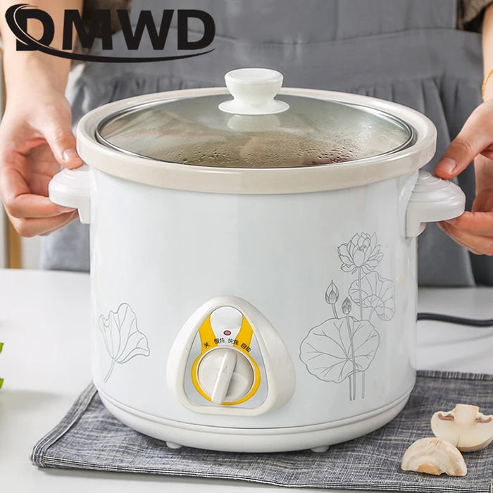 DMWD 1.5L Household Electric Mini Slow Cooker Mechanical/Smart Timer Stewing Soup Porridge Pot Ceramic Linner Food Cooking Maker