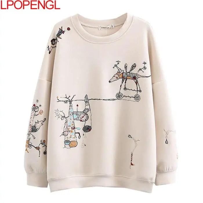 Harajuku Sweatshirt Women 2023 Autumn Winter New Fashion Casual Stitch-embroidered Long-sleeved O- Neck Breathable Hoodie Top