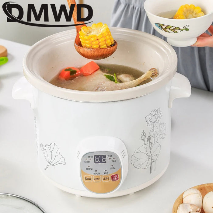 DMWD 1.5L Household Electric Mini Slow Cooker Mechanical/Smart Timer Stewing Soup Porridge Pot Ceramic Linner Food Cooking Maker