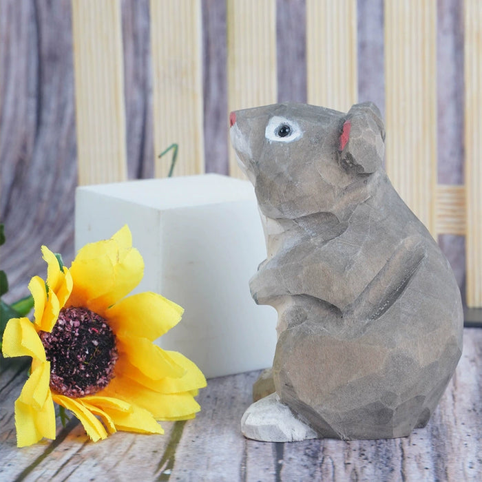 Handmade Wood Carving Little Hamster Cute Ornaments Creative Home Mouse Table Decoration Japanese Style Landscaping Wooden Crafts