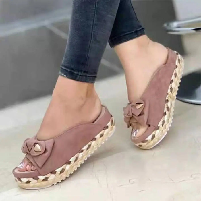 1 Pair Lady Sandals Braided Straps Round Toe Slip-on Casual Sandals Bowknot Decor Platform Women Slippers For Daily Life