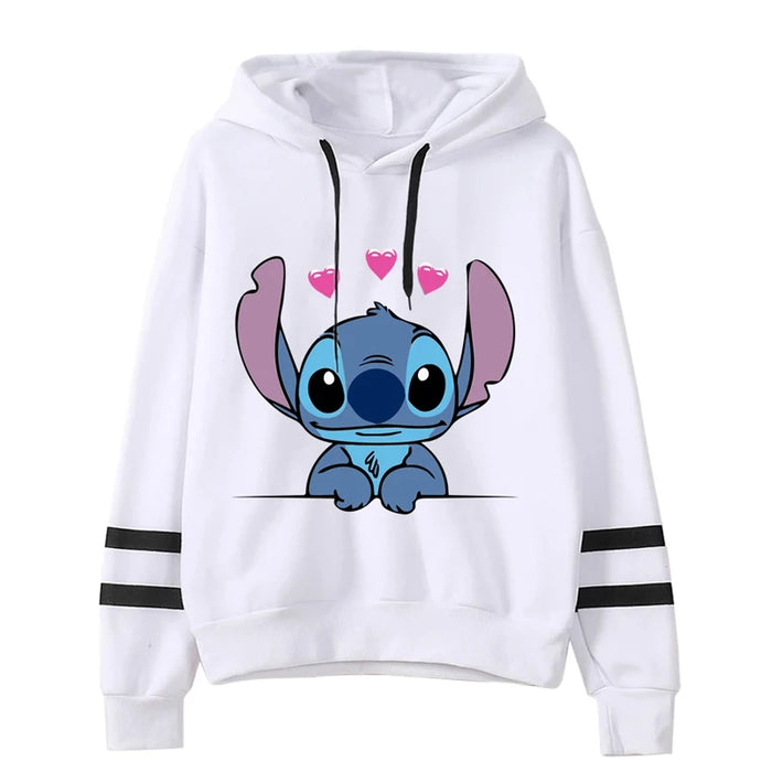 Disney Stitch Women Hooded Sweatshirt Patchwork Drawstring Hoodies Fashion Stripe Cute Printed Pullover Autumn Long Sleeve Shirt