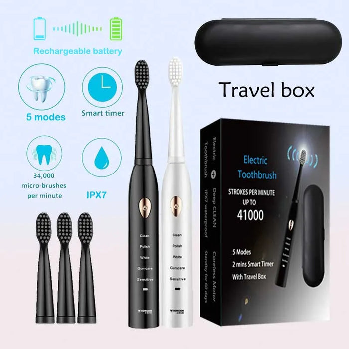 Sonic Electric Toothbrush For Adult Black White Whitening Timer Soft Hair IPX7 Waterproof 5-gear Mode USB Charging Teeth Brush