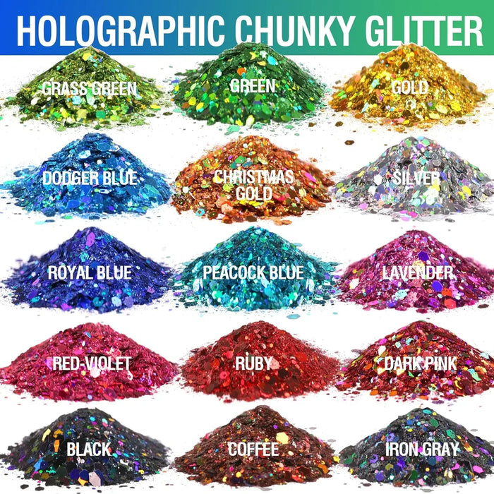 15 Colors Holographic Chunky Glitter, Craft Glitter for Resin, LEOBRO Nail Glitter, Festival Cosmetic Eye Hair Face Body Glitter