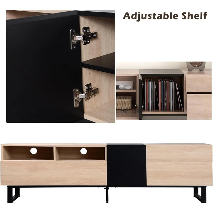 TV Stand with 3 Cabinets & Open Shelves, Minimalist Wooden Entertainment Center for TVs Up to 80”, Sturdy TV Console Decor