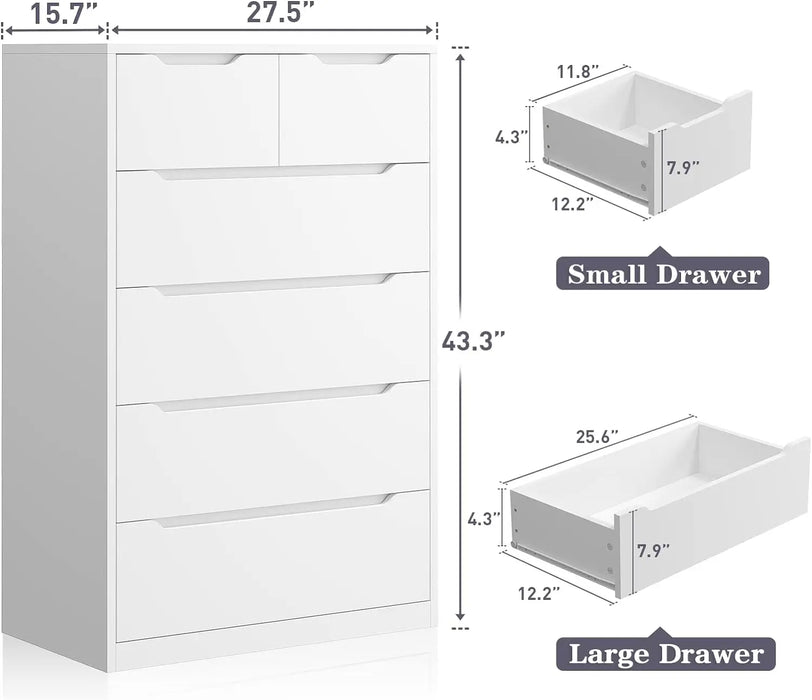 Dresser for Bedroom, White Dresser with 6 Wood Large Drawers, Dressers & Chests of Drawers with Large Organizer