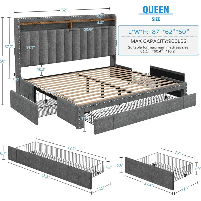 Queen Bed Frame,Upholstered Platform Bed Frame Queen Size with 3 Storage Drawers,Queen Size Bed Frame with Storage