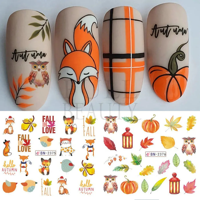 Autumn Fox Maples Nails Stickers Fall Season Leaves Cute Owls Hedgehog Water Decals Nail Charming Sliders Decoration BN2365-2376