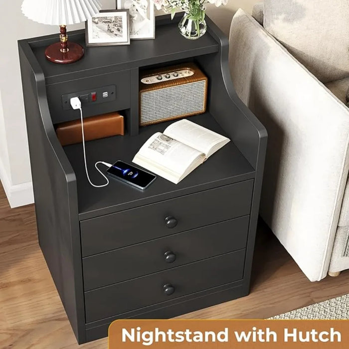 Black Nightstand with Charging Station 3 Drawers, Wood Sofa End Side Table with USB Ports and Outlet