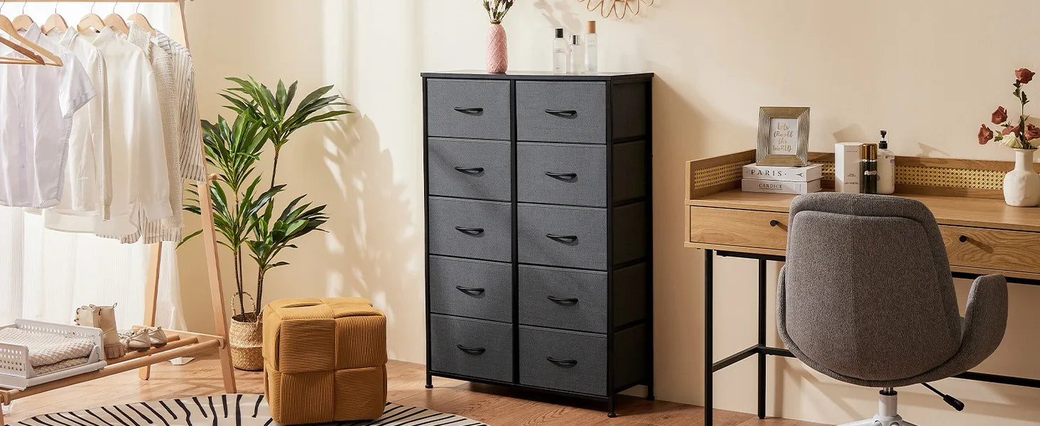 Dresser for Bedroom Storage Drawers Fabric Storage Tower with 10 Drawers Chest of Drawers and Fabric Bins Sturdy Metal Frame