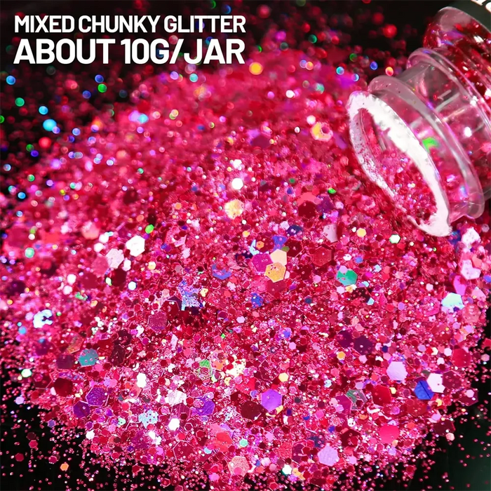 15 Colors Holographic Chunky Glitter, Craft Glitter for Resin, LEOBRO Nail Glitter, Festival Cosmetic Eye Hair Face Body Glitter