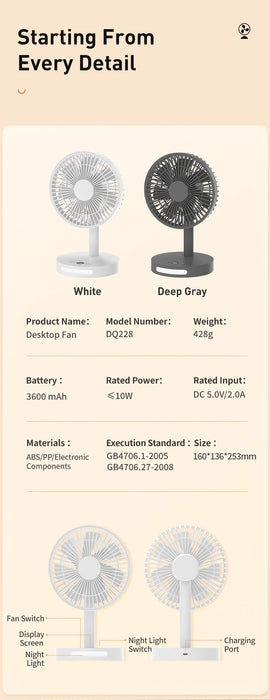 Vissko USB Desk Fan Strong Airflow & Quiet Operation Five-Speed Wind Mini Table Fan 3600mAh Angle Adjustable for Office Bedroom