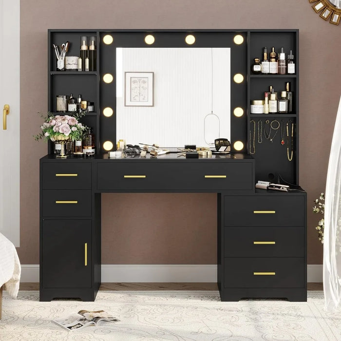 48.8'' Large Vanity Desk with Lighted Mirror & Power Outlet, Black Makeup Vanity Table with 6 Drawers, 4 Shelves and 1 Storage