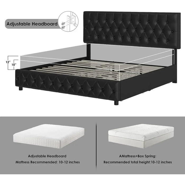 Queen Size Bed, with 4 Storage Drawers, Faux Leather Platform Bed, Solid Wood Slat Support, Modern Upholstered Bed