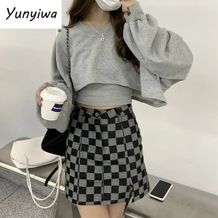 Women Causal Sweatshirts Loose Solid Crop Tops Hip Hop Dance O-neck Hoodies Baggy High Street Long Sleeve Bolero 2 Pieces Sets