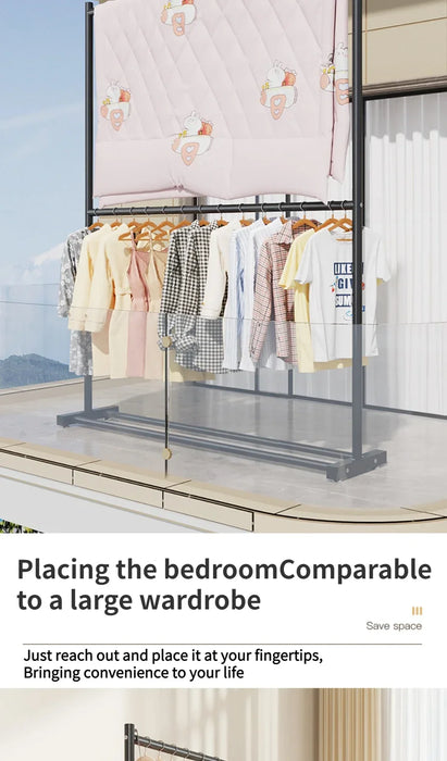 Clothing Rack Double Layers Folding Wardrobe With Wheels Placed On The Ground Living Room Shelf Home Furniture Drying Coat Rack