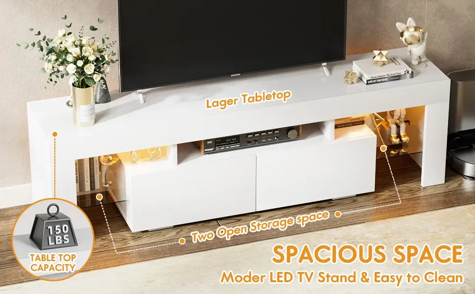 Modern LED TV Stand for Televisions up to 70 Inch with Glass Shelves and Drawer, Gaming Entertainment Center with Multiple