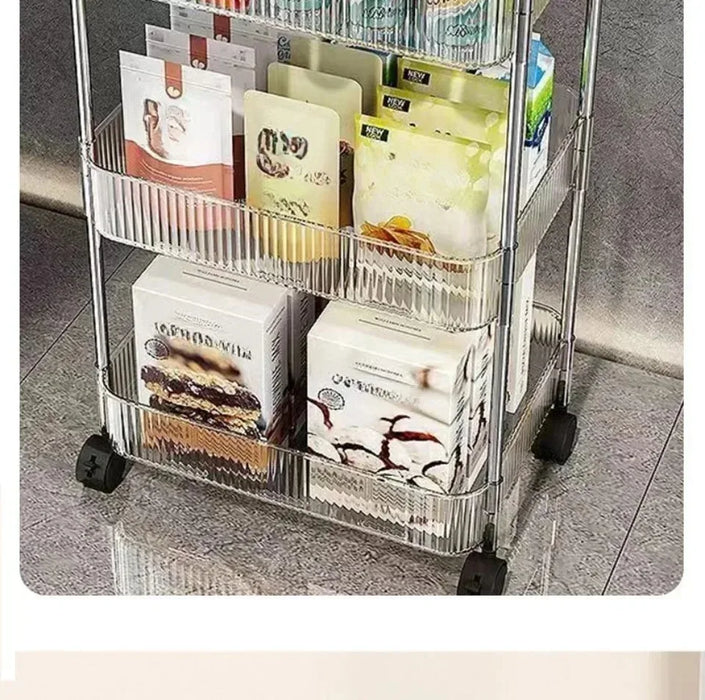 Light Luxury Storage Rack Trolley 2/3/4 Layers Transparent Acrylic Rolling Cart With Removable Hanging Baskets Snacks Bookshelf