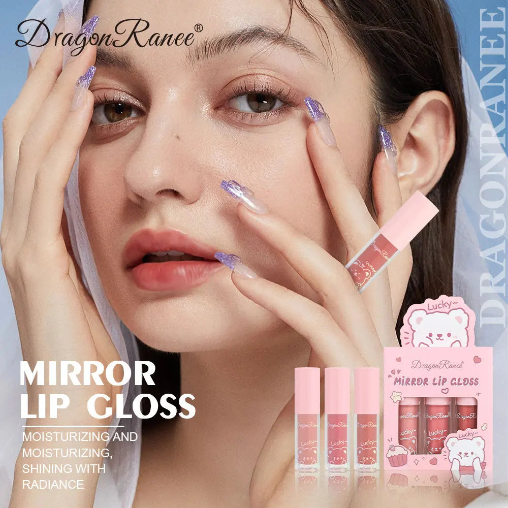 Dragon Ranee 3 colors doe lip glass hydrating mirror lip glaze moisturizing pearl with flash cartoon lip gloss set