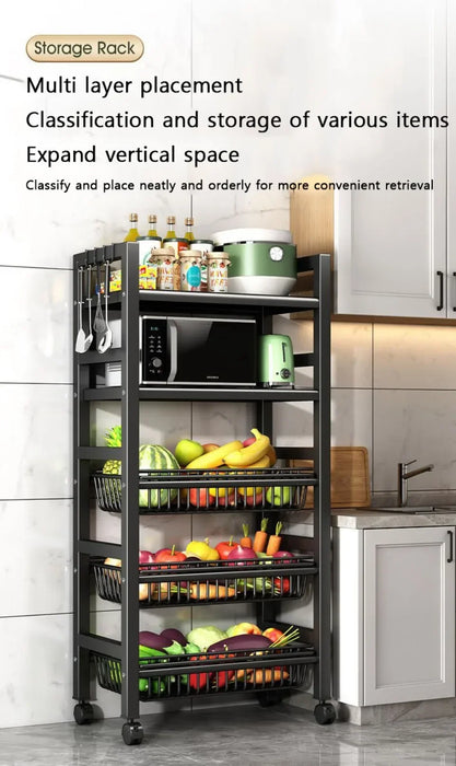 Kitchen Storage Basket Multi-Layer Floor Room Trolley Rack Kitchen Trolley Storage Basket Movable Pot Rack Microwave Shelf Cart