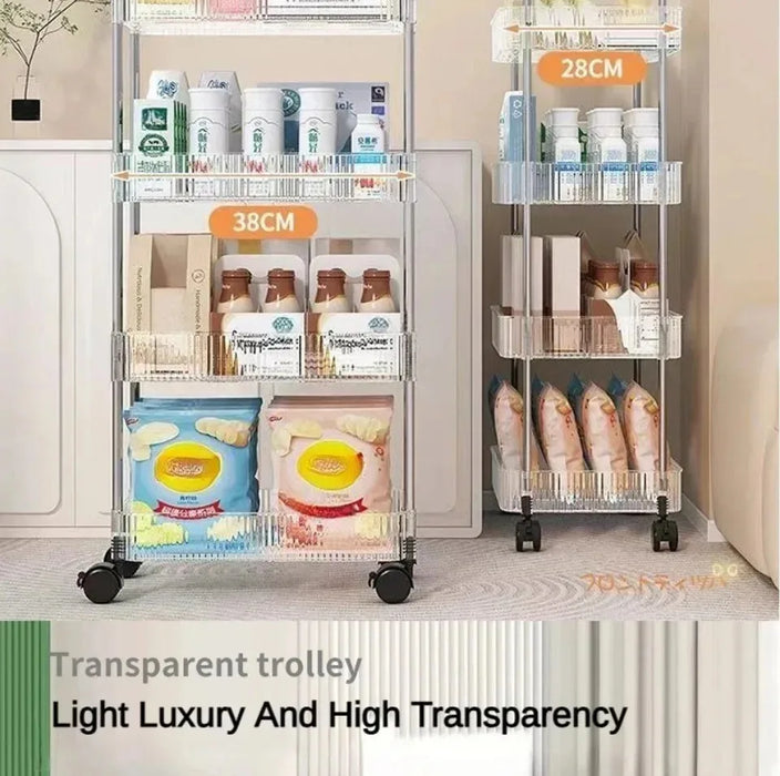 Light Luxury Storage Rack Trolley 2/3/4 Layers Transparent Acrylic Rolling Cart With Removable Hanging Baskets Snacks Bookshelf