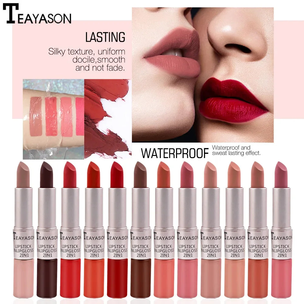 1PC Pink Matte Lipstick Waterproof Long-Lasting Moisture 2-in-1 Lip Tint Sexy Lip Gloss Lip Makeup for Women