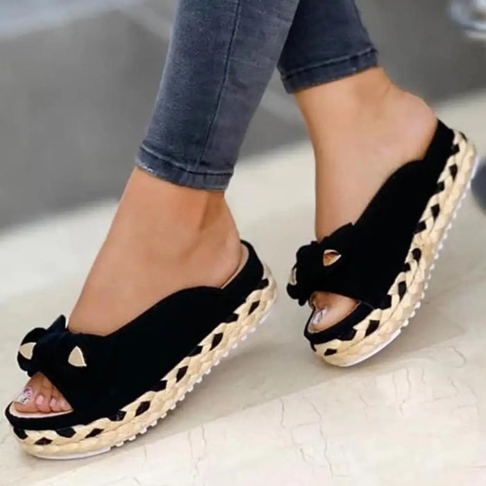 1 Pair Lady Sandals Braided Straps Round Toe Slip-on Casual Sandals Bowknot Decor Platform Women Slippers For Daily Life