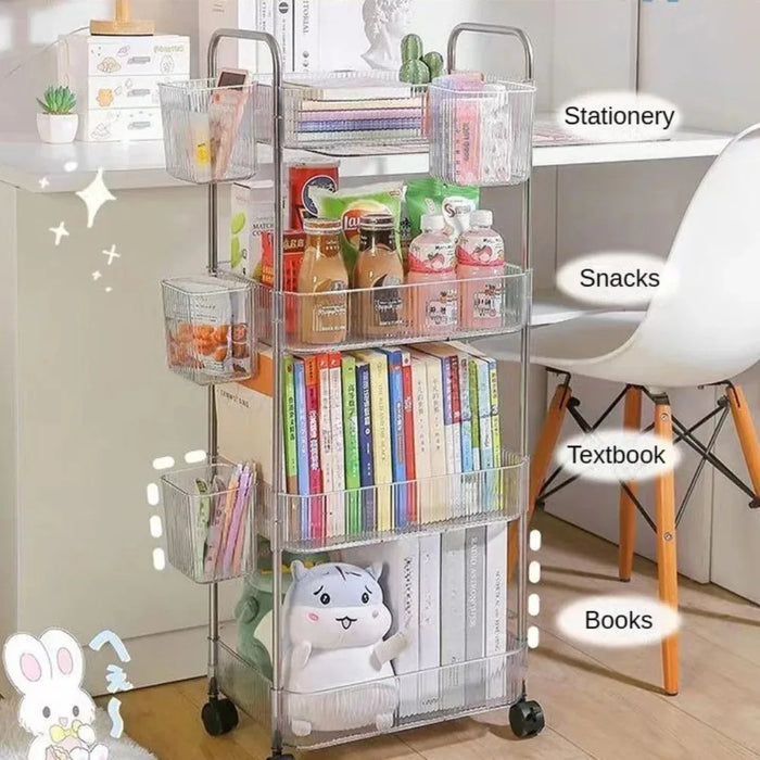 Transparent Storage Rack Trolley 4 Layers Acrylic Rolling Cart With Removable Hanging Baskets Acrylic Snacks Makeup Bookshelf