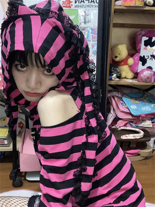 Striped Print Goth Grunge Hoodie Pink Black Gothic Style Bunny Ears Hoodies Female Fairy Harajuku Kawaii Slim Hoodied Egirl Top