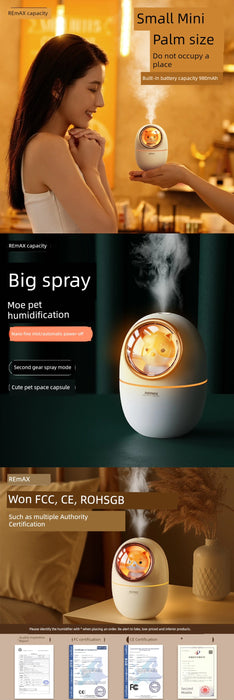 Remax Cute Pet Space Capsule Humidifier Ultra-Quiet Nano Fine Sprays USB Portable Small Night Lamp Automatic Power off Neutral