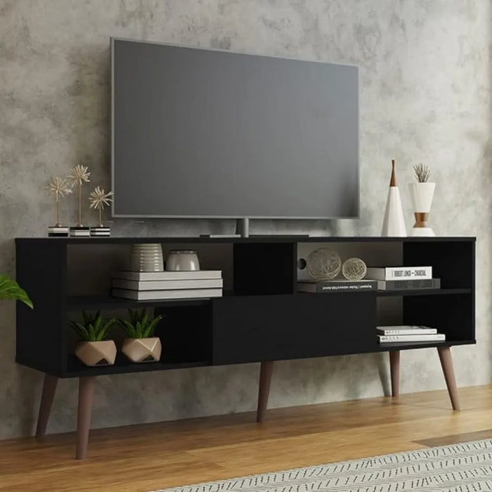 TV Stand with 1 Door, 4 Shelves for TVs up to 65 Inches, Wood Entertainment Center 23'' H x 15'' D x 59'' L – Black